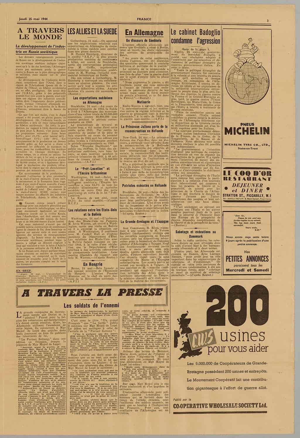 Página de um jornal antigo em francês, com o papel amarelado